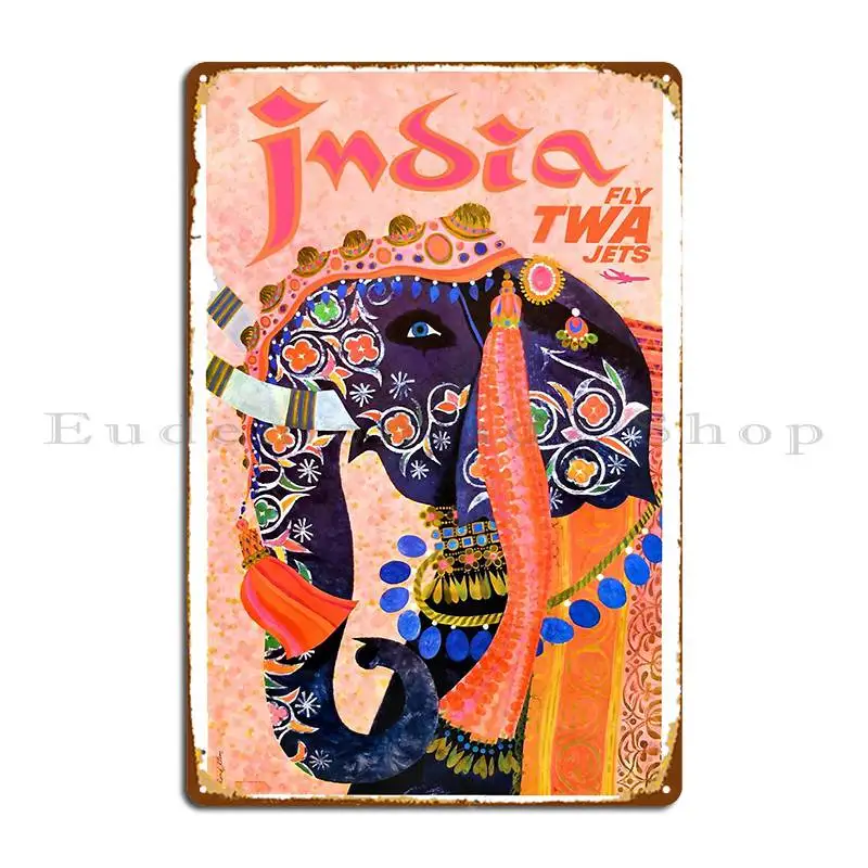 1960 Twa India Elephant Travel Poster Metal Signs Rusty Wall Cave Character Cinema Funny Tin Sign Poster
