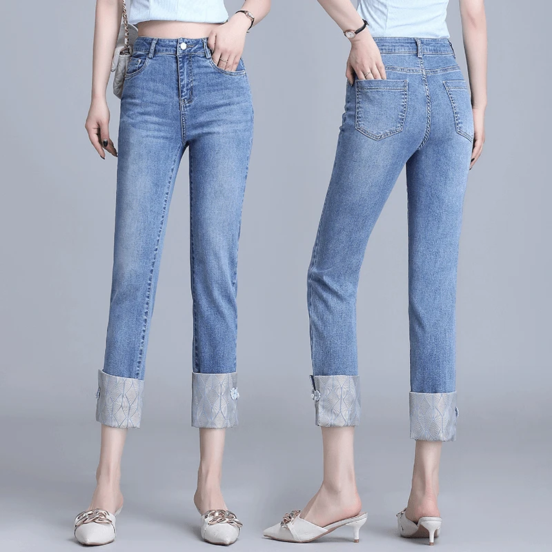 

Summer New Women's Straight Leg Jeans Belted High Waist Cotton Polyester Blend Blue Nine-Foot Length Zipper Closure