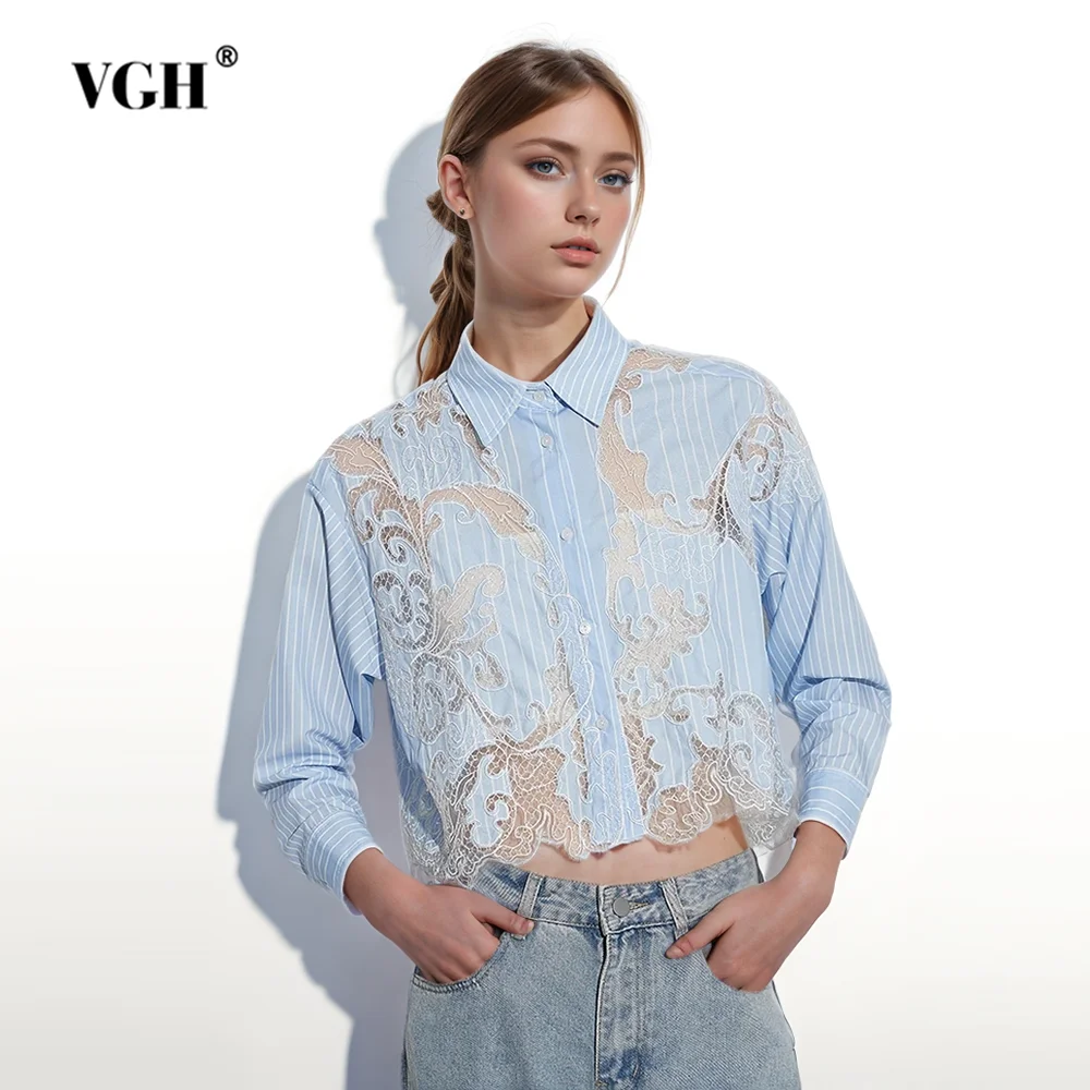 VGH Hit Color Striped Patchwork Lace Short Blouses For Women Lapel Long Sleeve Spliced Single Breasted Temperament Shirts Female