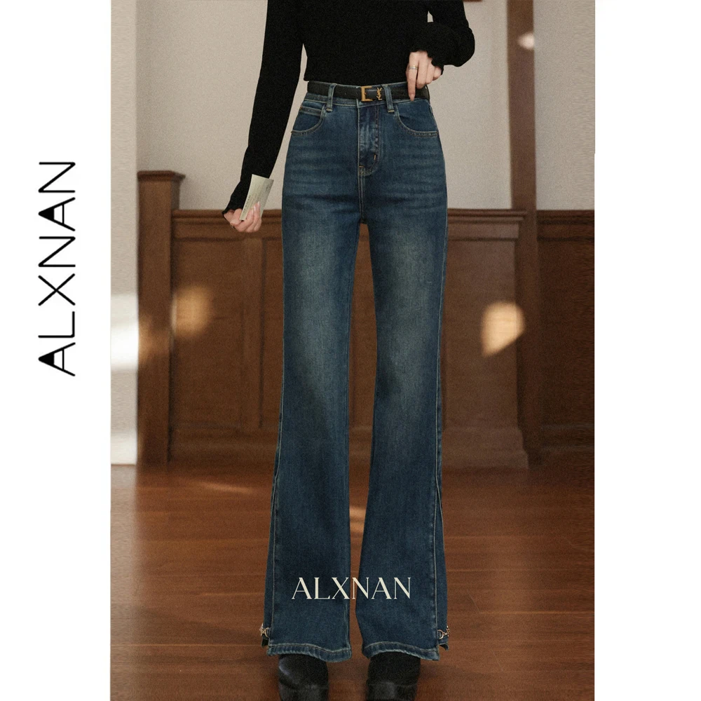 ALXNAN Blue Vintage Jeans for Women Autumn New Unique Design Straight Long Pants elegant baggy trousers female L57760