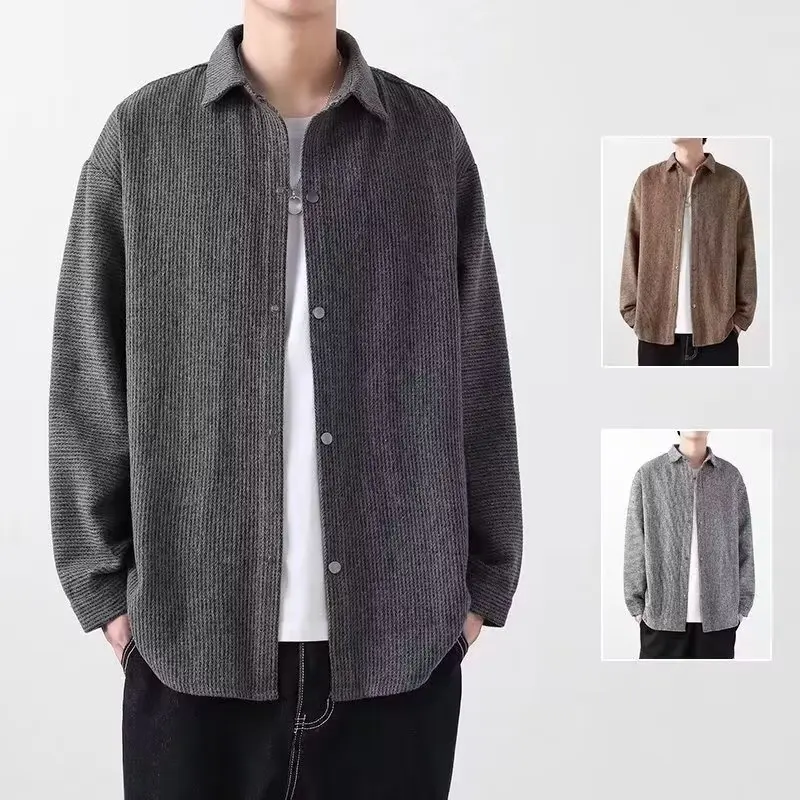 2026 Spring Men Long Sleeved Shirt Men Vintage Trendy Lapel Shirt Jacket Man Heavyweight Shirts Male Woolen Fabric Outerwear