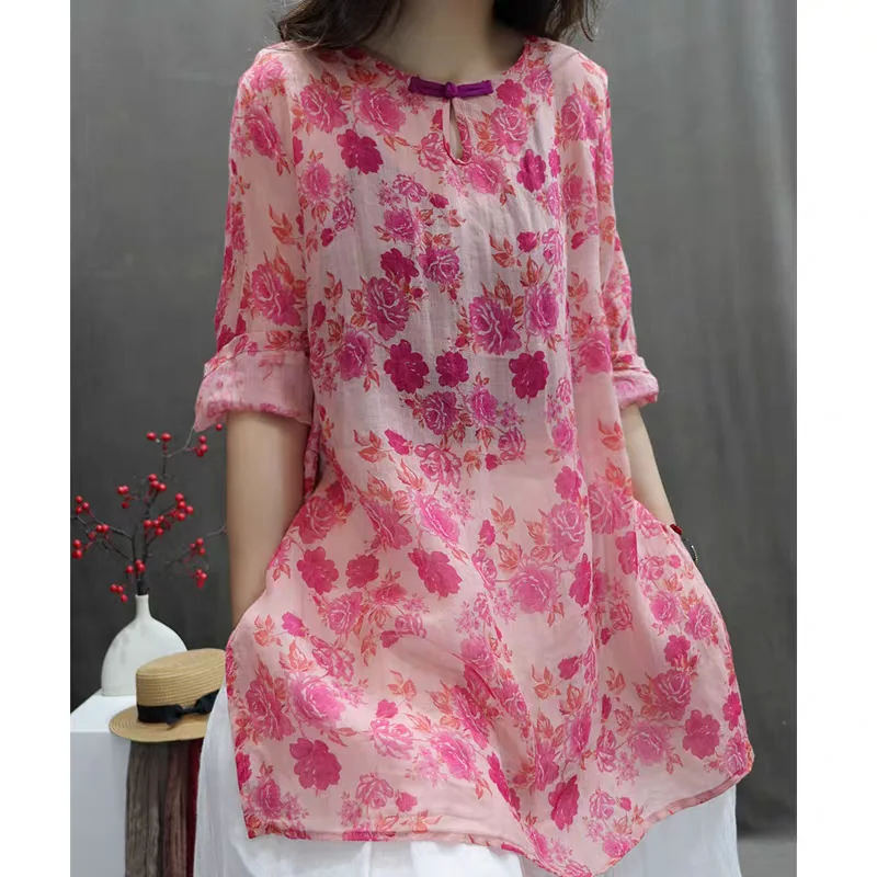 

Women's Fashionable Age-reducing Printing Plate Button Cotton Linen Shirt Mid-length Casual Top