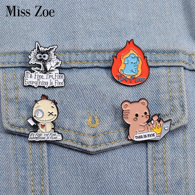 Everything Is Fine Enamel Pins Custom Electrified Cat Burned Brooches Lapel Badges Cartoon Animal Jewelry Gift for Kids Friends