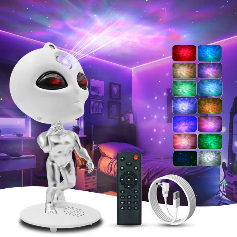 

Проектор Alien Galaxy с питанием от USB, светодиодный лазерный звездный ночник с дистанционным управлением, динамик, вращающаяся атмосферная лампа Aurora