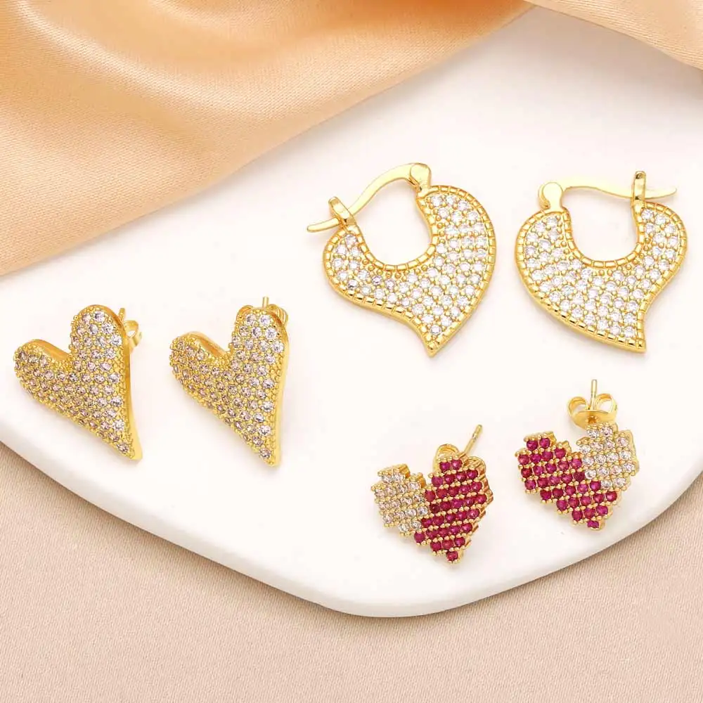 FLOLA High Quality Fuchsia Crystal Heart Earrings for Women CZ Crystal Heart Ear Studs Dainty Jewelry Gifts ersa353