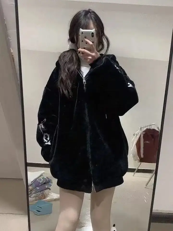 

Плюшевое пальто Subculture Dark Cross, женское осенне-зимнее пальто средней длины с милыми кошачьими ушками, кардиганы на молнии с капюшоном, пальто из искусственного меха в стиле Харадзюку