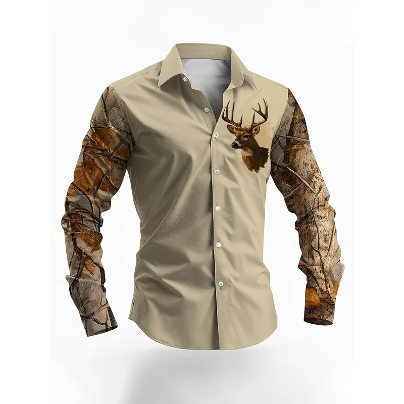 Men's Outdoor Hunting Style Shirt Deer Head Print Long Sleeve Camping Hiking Casual Commute Skin Friendly Top