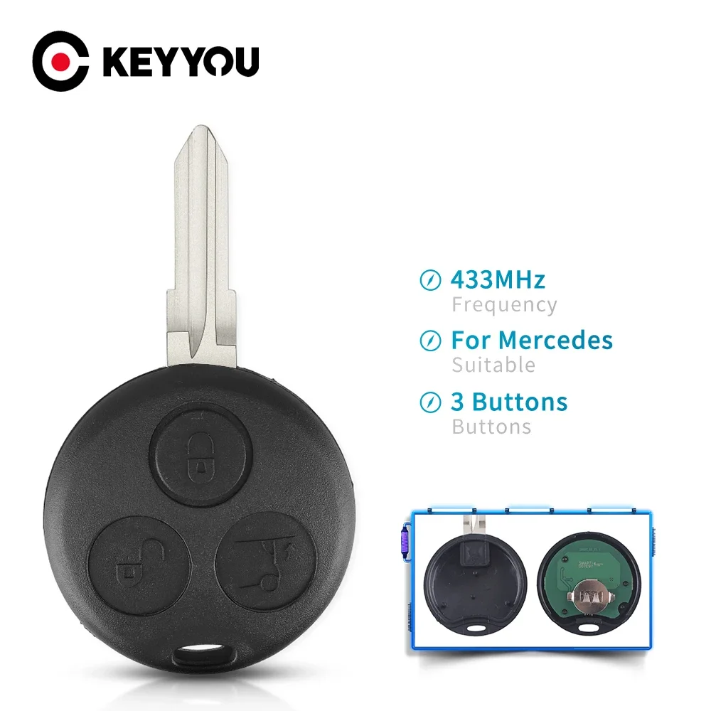 KEYYOU Fob For Mercedes Benz Smart Fortwo 450 Forfour Roadster City Coupe 3 Buttons 433Mhz Auto Remote Key