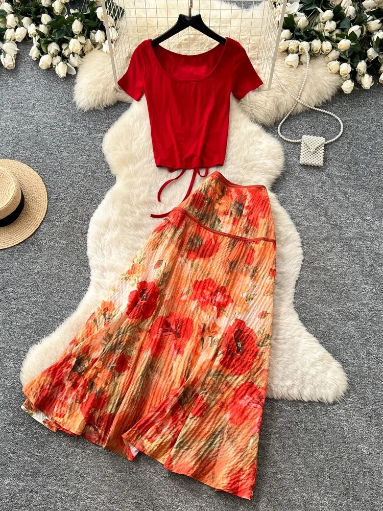 

Red T-Shirt High Waist Skirt Two-Piece Set Women's Slim Fit Summer Fashion Elegant Style Casual Workwear Commute Ready