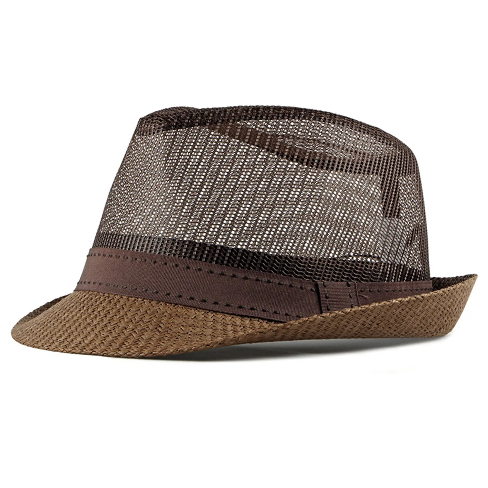 Men\'s Spring Summer Mesh Breathable Fedora Straw Jazz Travel Panama Male Sun Hat Cap Holiday Beach Fishing Hats Caps