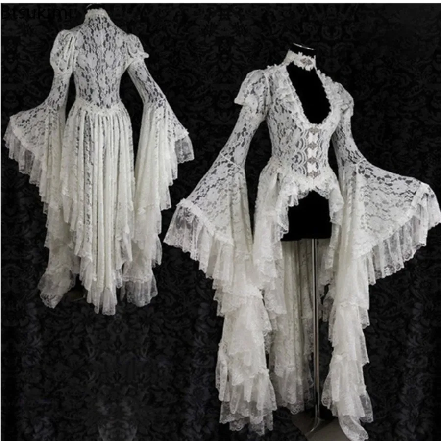 2026 Damen Retro Mittelalter Palast Spitzenkleid Cosplay Kostüme Party Glockenärmel Unregelmäßiger Lolita Rock Anime Rollenspiel Kleider