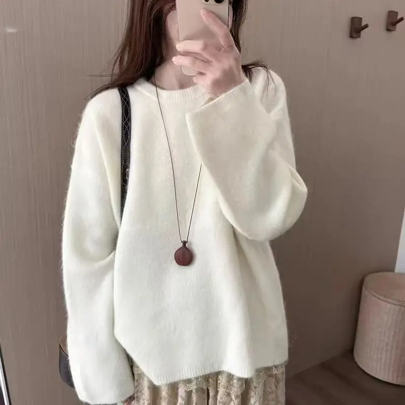 

Autumn Winter New Solid Color Round Neck High-End Loose Slimming Versatile Lazy Style Knitted Sweater Top For Women
