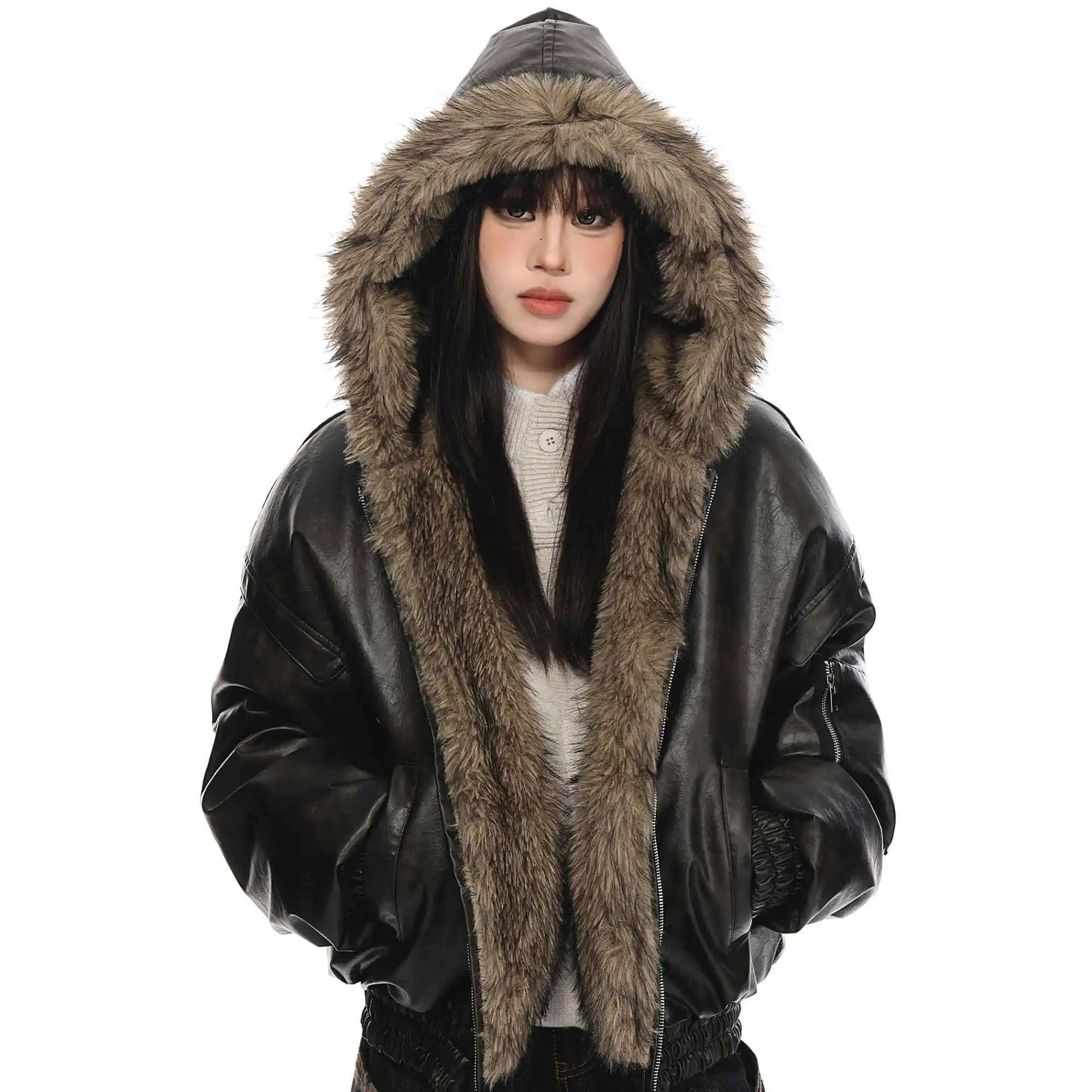 Vintage American Style Reversible Faux Leather Padded Coat, Luxury Thick Fleece Lined Faux Fur Integrated Winter Jacket