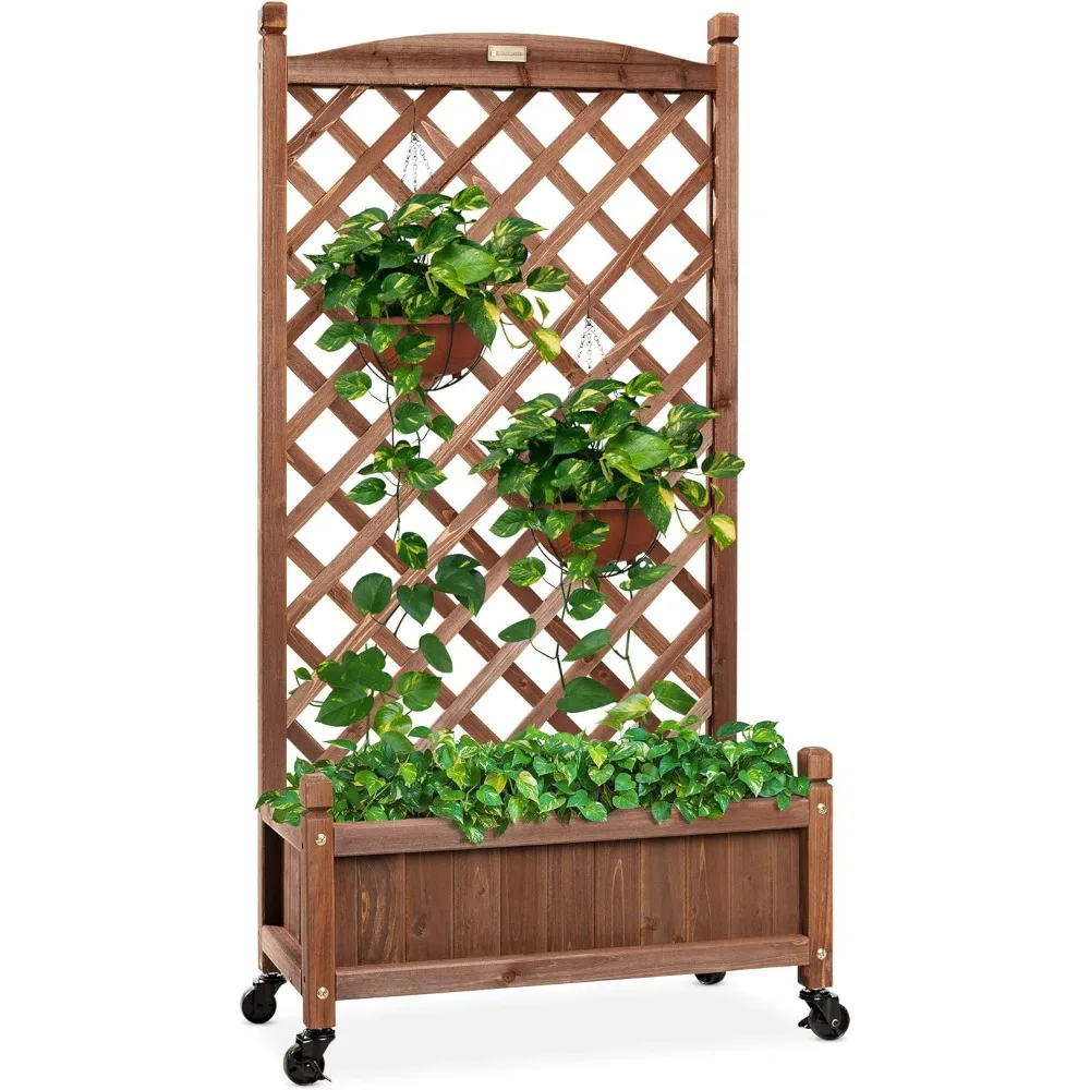 

60in Wood Planter Box & Diamond Lattice Trellis, Mobile Outdoor Raised Garden Bed for Climbing Plants w/Drainage Holes