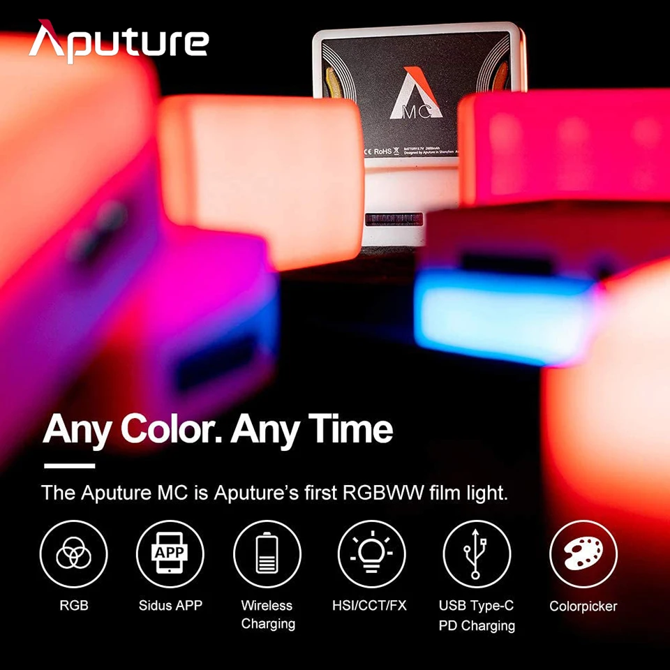 Aputure AL-MC LED 4-Light Travel Kit 5W RGB 3200-6500K Rechargeable Video Pocket Lighting with Carrying Box