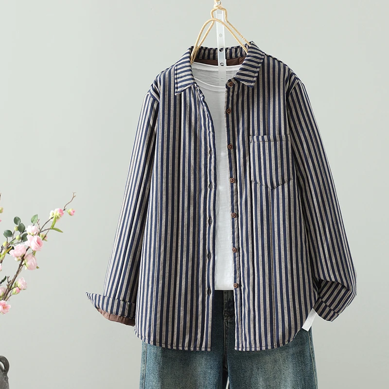 فضفاضة تناسب شريط نمط القطن irt رقيقة ملابس خارجية دافئة الخريف الشتاء تخفيف Sle منتظم Sve طويل زر واحد إغلاق