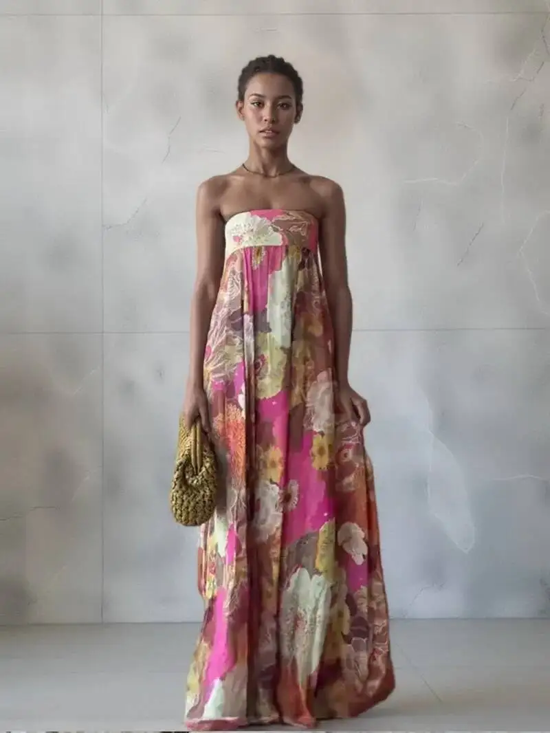 Schicke, plissierte, bedruckte trägerlose Kleider für Damen, neue ärmellose, schulterfreie Maxikleider, Sommer, elegante Abendkleider für Damen, NOV8