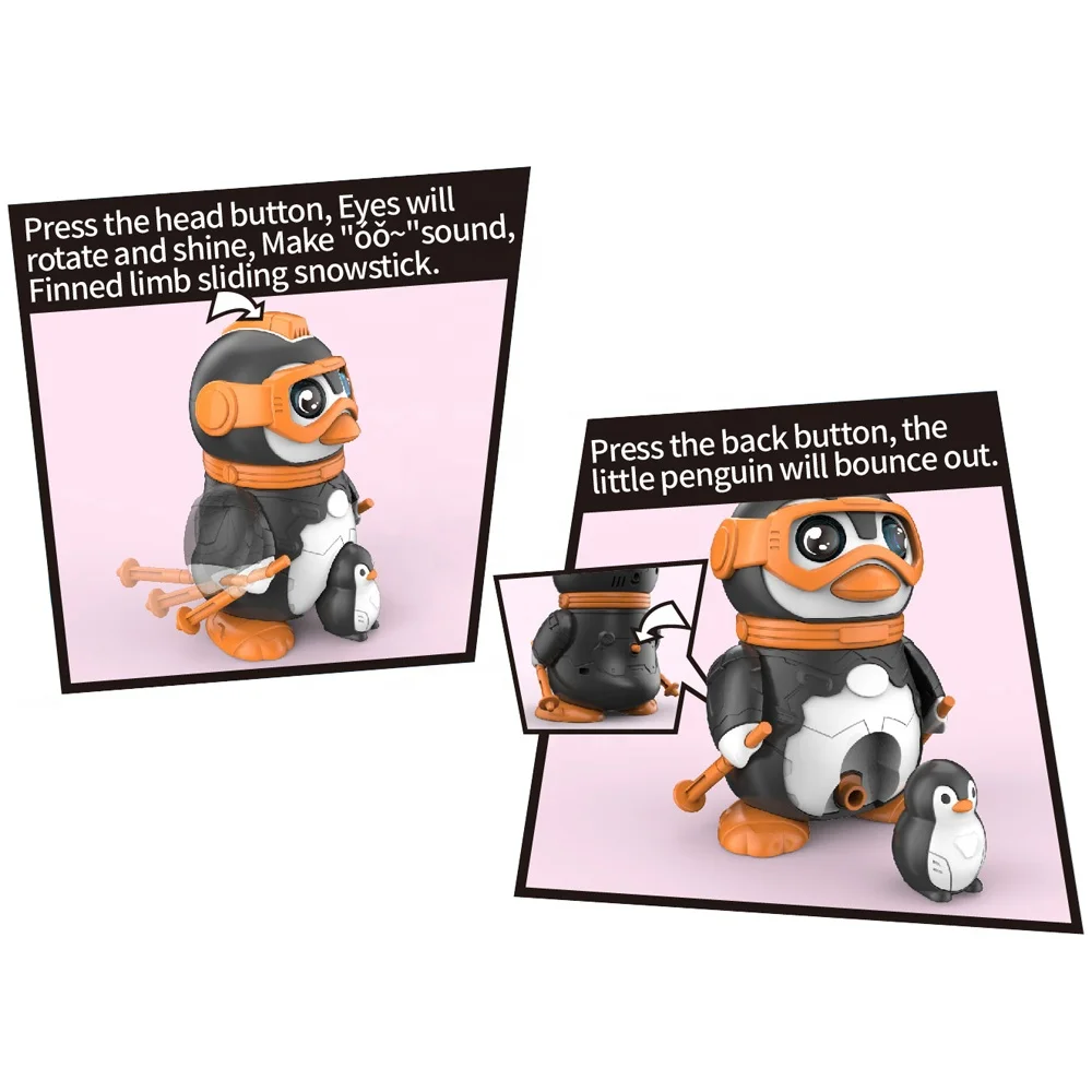 DIY montado esqui pinguim modelo de bloco de construção, puzzle animal infantil, brinquedos de educação precoce, iluminação e música, 18pcs