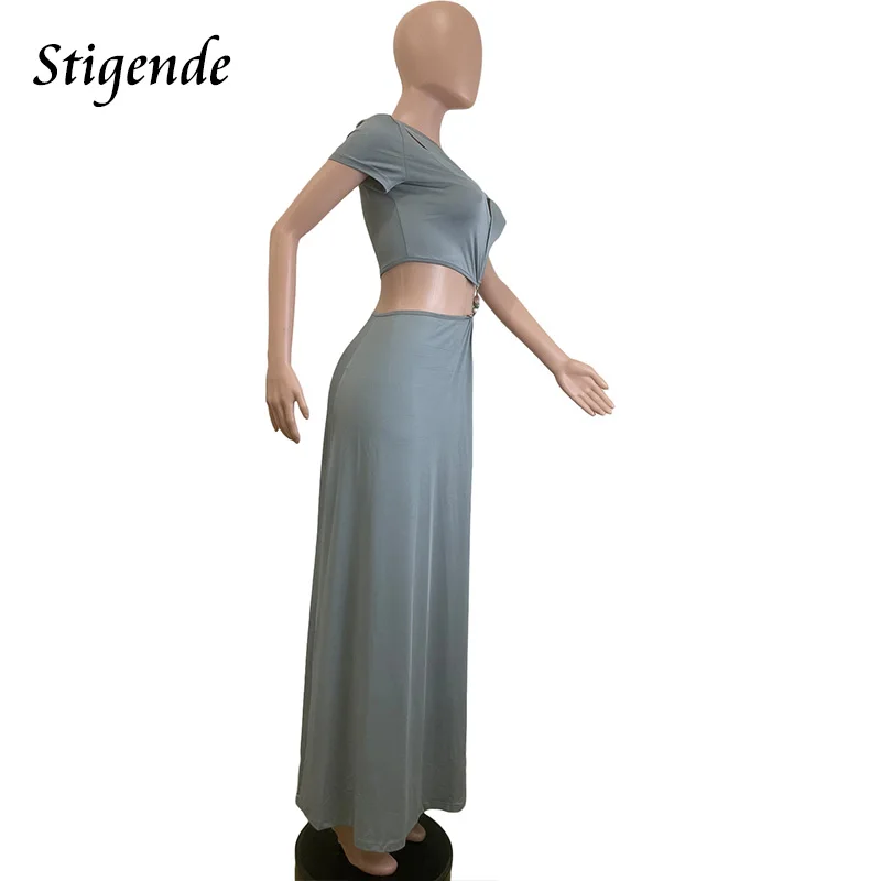 Stigende Women Sexy Patchwork Beading Two Piece Set Open Front Irregular Crop Top and Long Skirt