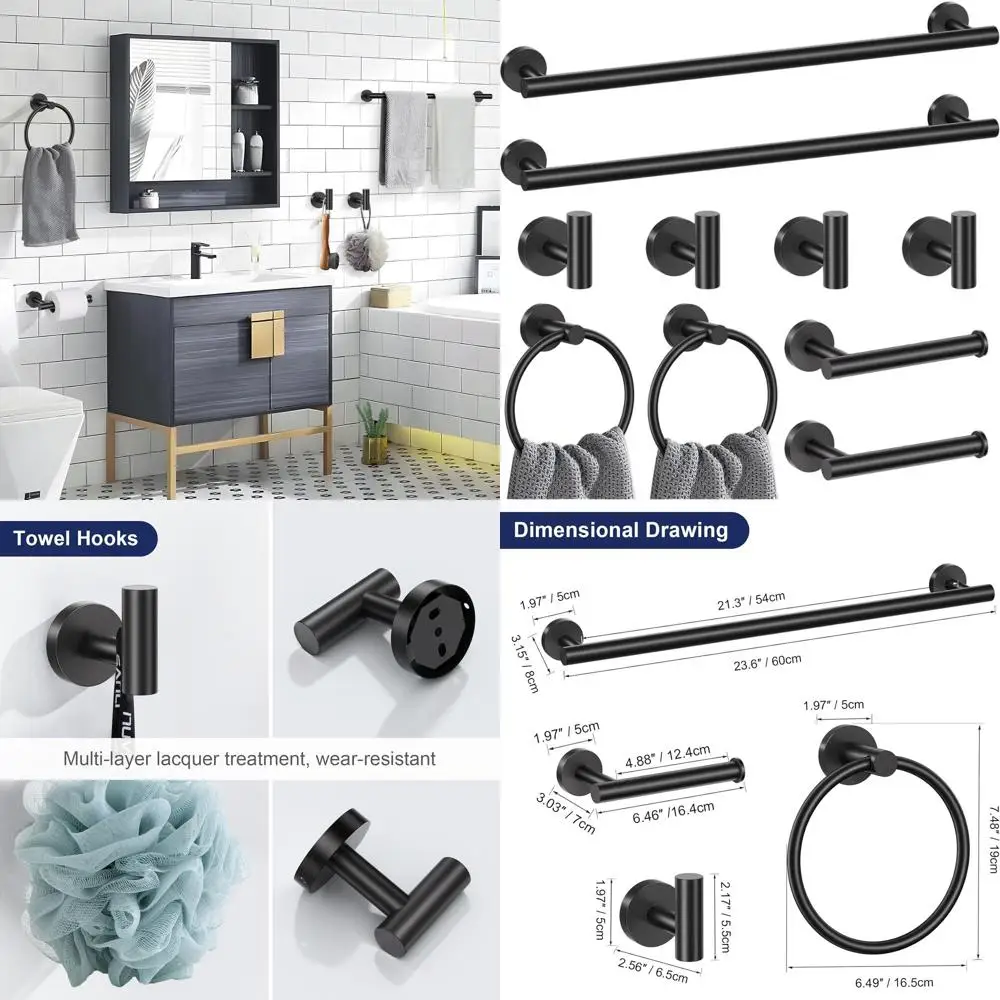 

Набор из 10 предметов: матовые черные держатели для полотенец из нержавеющей стали | Настенный круглый держатель для аксессуаров | Фурнитура для ванной комнаты из нержавеющей стали SUS304