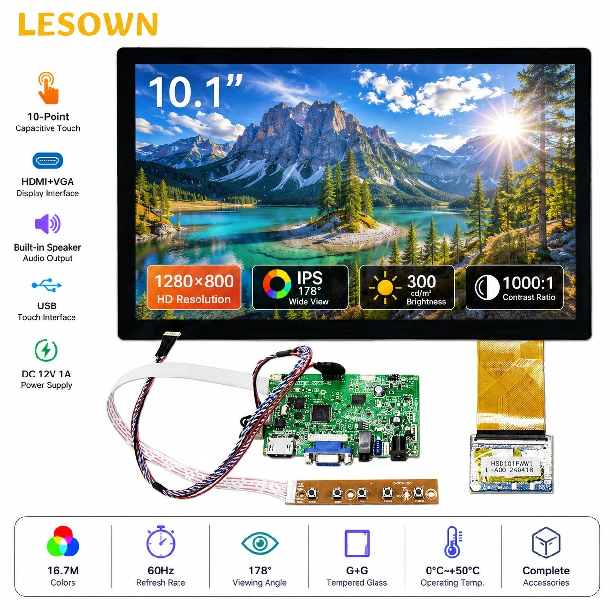 LESOWN 1280x800 10.1in Touch Screen Assembly Zero-Setup 10-Point Touch Monitor Tctil with Audio