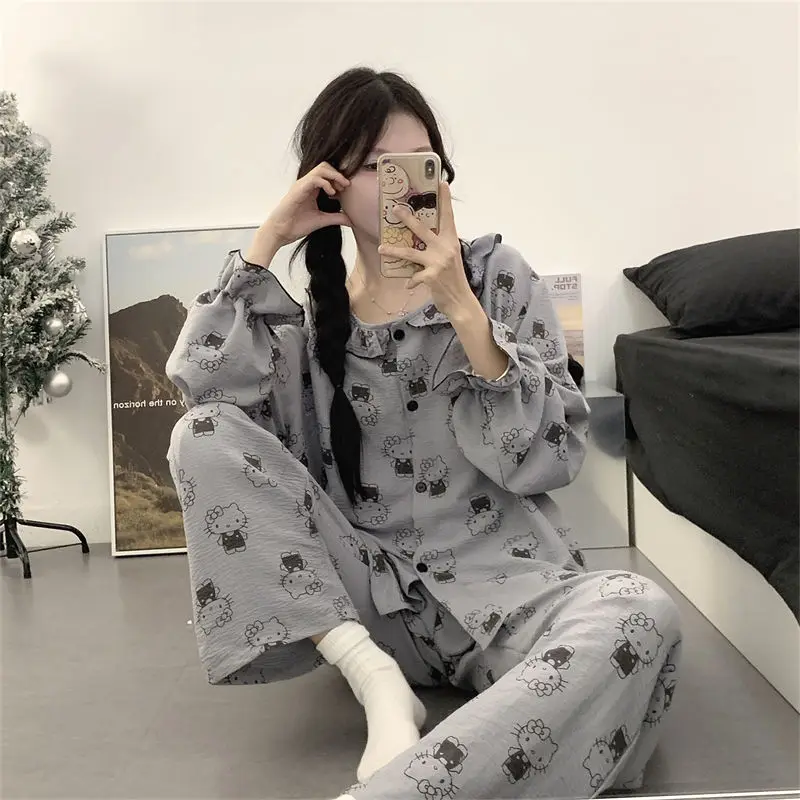 Miniso Hello Kitty Pyjama Pop Kraag Puur Katoenen Print Lange Mouw Pyjama Herfst/Winter Meisjes Vest Huiskleding