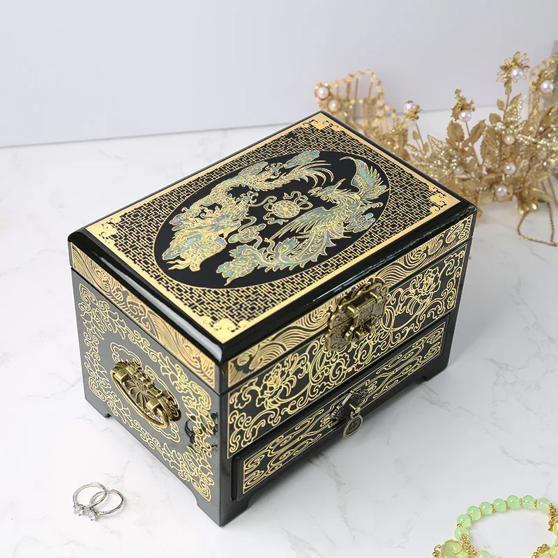 

Lacquerware jewelry box, copper wire inlaid vintage jewelry storage box, Pingyao lacquerware box, wedding gift with lock