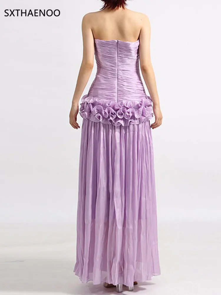 SXTHAENOO Solido Impiombato Fungo Abiti Dimagranti per Le Donne Senza Spalline Senza Maniche Patchwork Pieghe Abito Midi Abbigliamento Femminile Nuovo