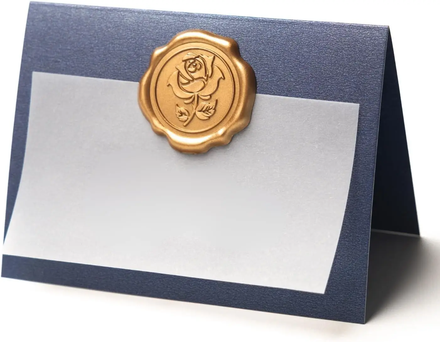 

25 Pack Antique Gold Rose Wax Seal Place Cards for Wedding, Party, Dinner Decor in Pearlized Navy Blue