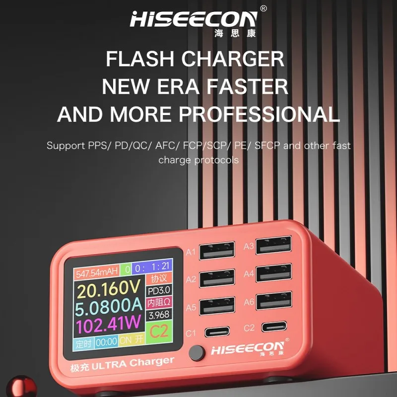HISEECON PD 100W USB Charger Station with LCD Display Fast Charging Hub Set with USB C Cable for Laptop iPhone Android Xiaomi