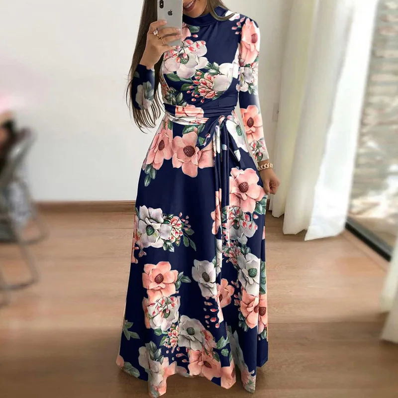 Elegant Women\'s Spring and Autumn Fashion Printing Round Neck Long Sleeve Slim Fit Belt Bohemian Long Dresses vestidos S-5XL