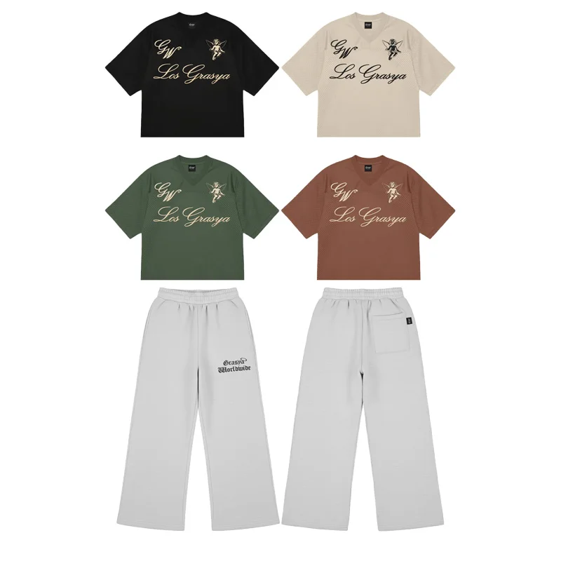 

Y2K Summer Men's Sets Trend Los Grasya Football Jersey Mesh Knitted Casual T Shirt Vintage Men Women Clothing Straight Leg Pants