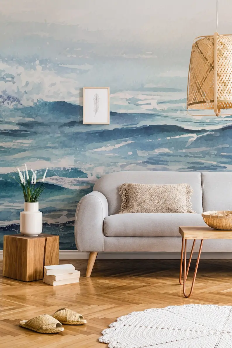 Blue Sea Ombre Removable Wallpaper Wall Decal / Coastal Peel and Stick Wallpaper / Watercolor Self Adhesive Wall Mural Wallpaper