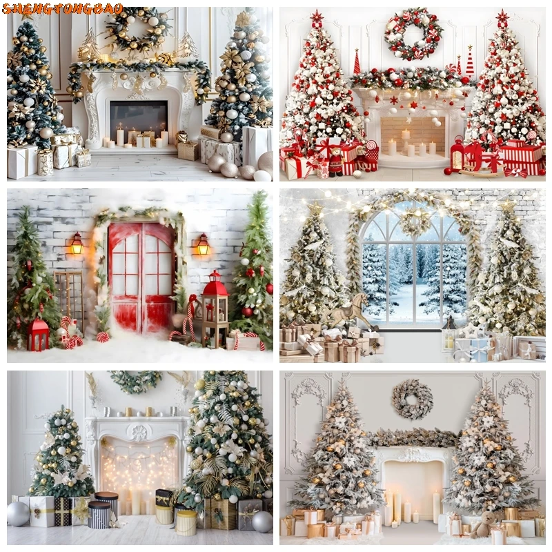 White Snow Christmas Backdrop Xmas Tree Fireplace Interior Merry Christmas Winter Family Kids Portrait Photography Background