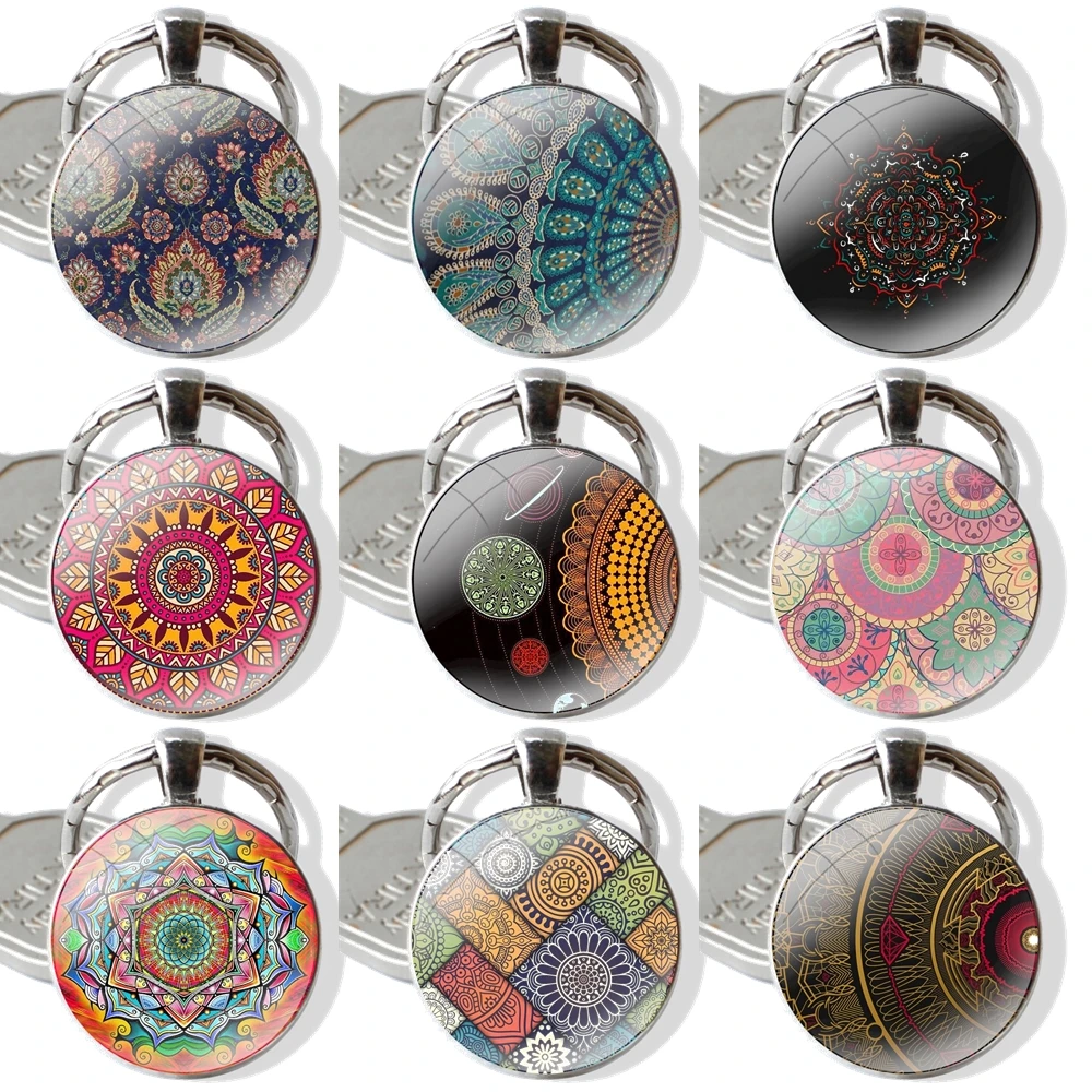 25mm Glass Cabohcon Keychain Key Rings for Women Men Jewelry Gift Indian Pattern Mandala