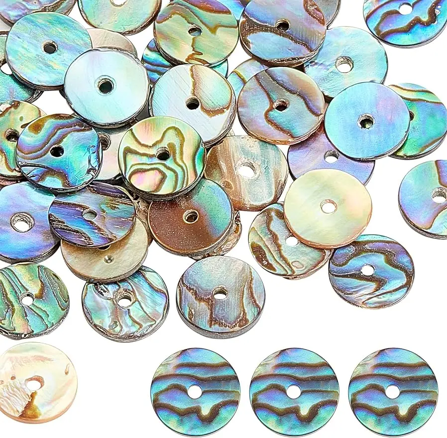 40pcs Natural Abalone Shell Beads 10mm Flat Round Coin Beads Shell Charm for Jewelry Making and DIY Craft Decoration Hole: 1mm