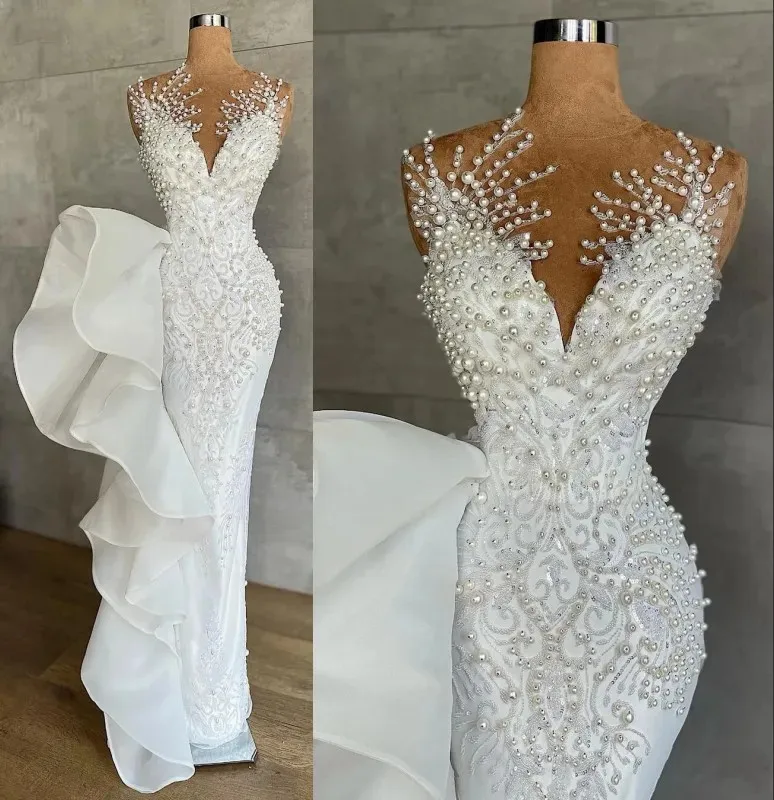 

Elegant Mermaid Evening Dresses V Neck Sleeveless Pearls Sequins Lace Satin Appliques Beaded Celebrity Prom Dresses Custom Made