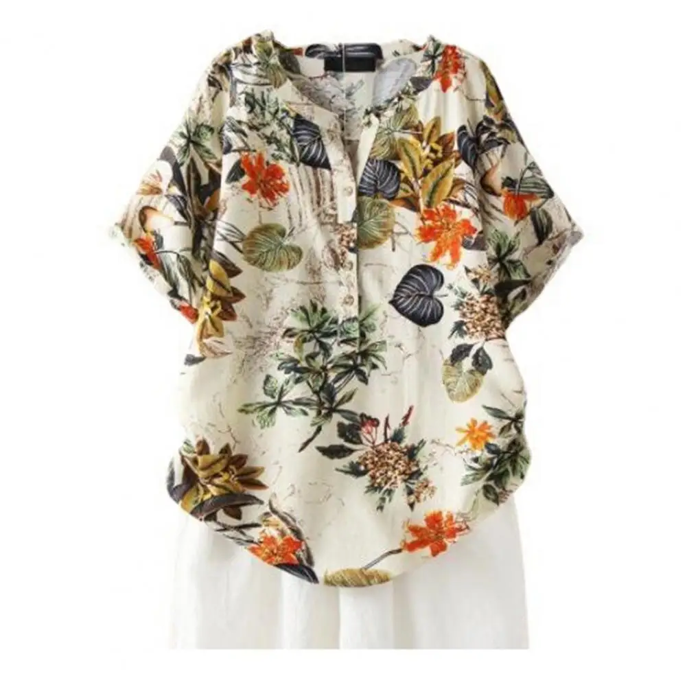 Blusa retrô feminina com estampa floral semi-aberta, ajuste solto, camiseta com gola O com botões, manga curta, blusa feminina de verão