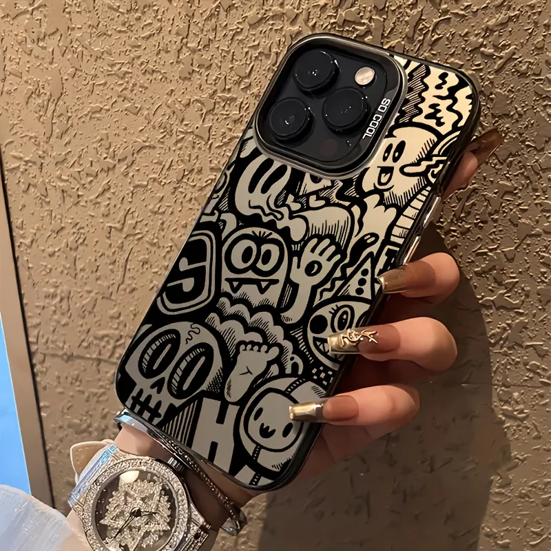 

Black Cartoon Pattern Shockproof and Anti-Slip Frosted Mobile Phone Case Suitable for iPhone 16 15 14 13 12 11 Pro Max Plus Mini