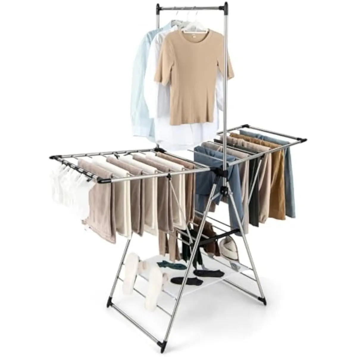 Foldable Stainless Steel Laundry Rack with 3-Tier Drying Surface High Hanger System Side Clips Shoe Holders Rustproof A-Frame St