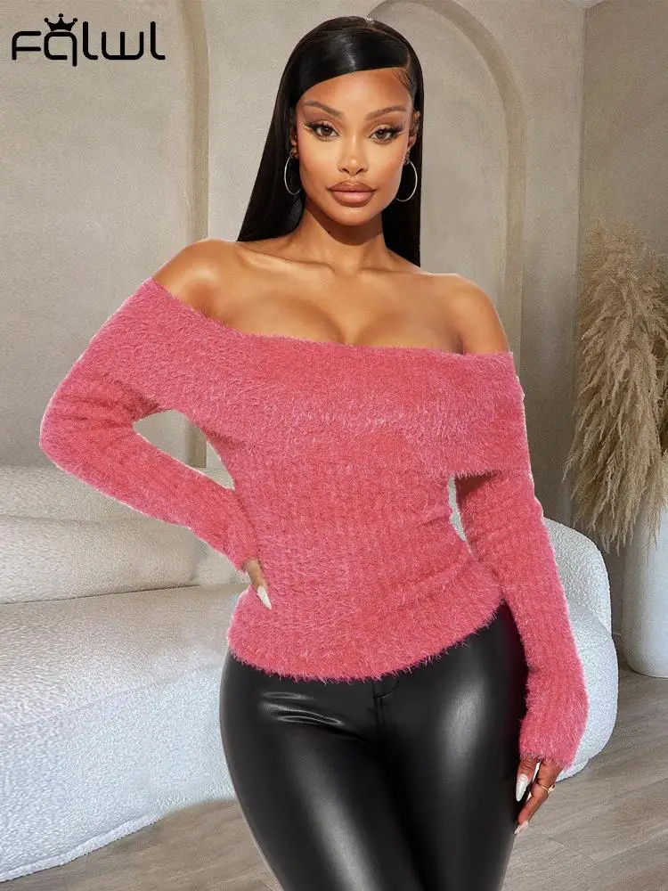 

Habbris Pink Winter Bodycon Knitted Sweater Casual Vacation For Woman 2023 Long Sleeve Off Shoulder Sweater Fashion Backless Top