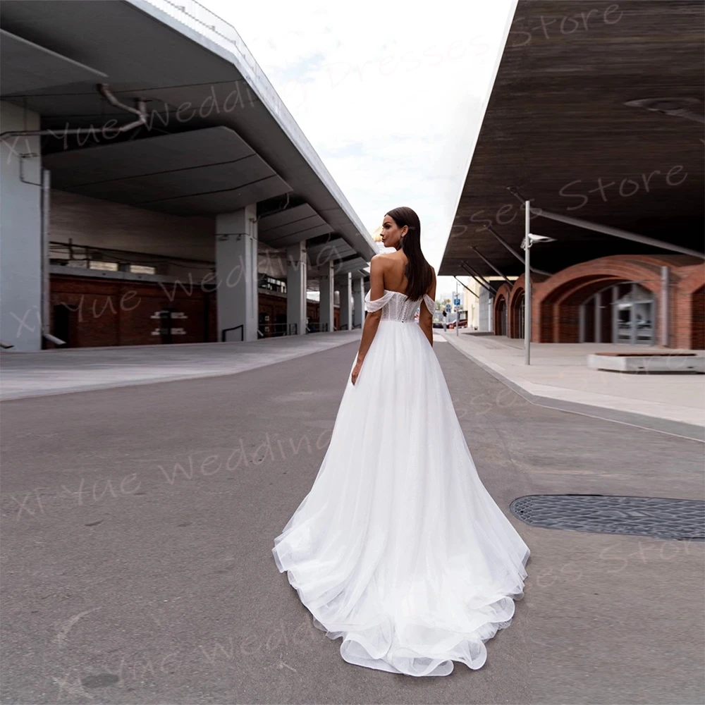 Elegancka linia damska suknie ślubne Off The Shoulder suknie panny młodej dostosowane Vestidos De Novia Boda seksowna bez rękawów Backless