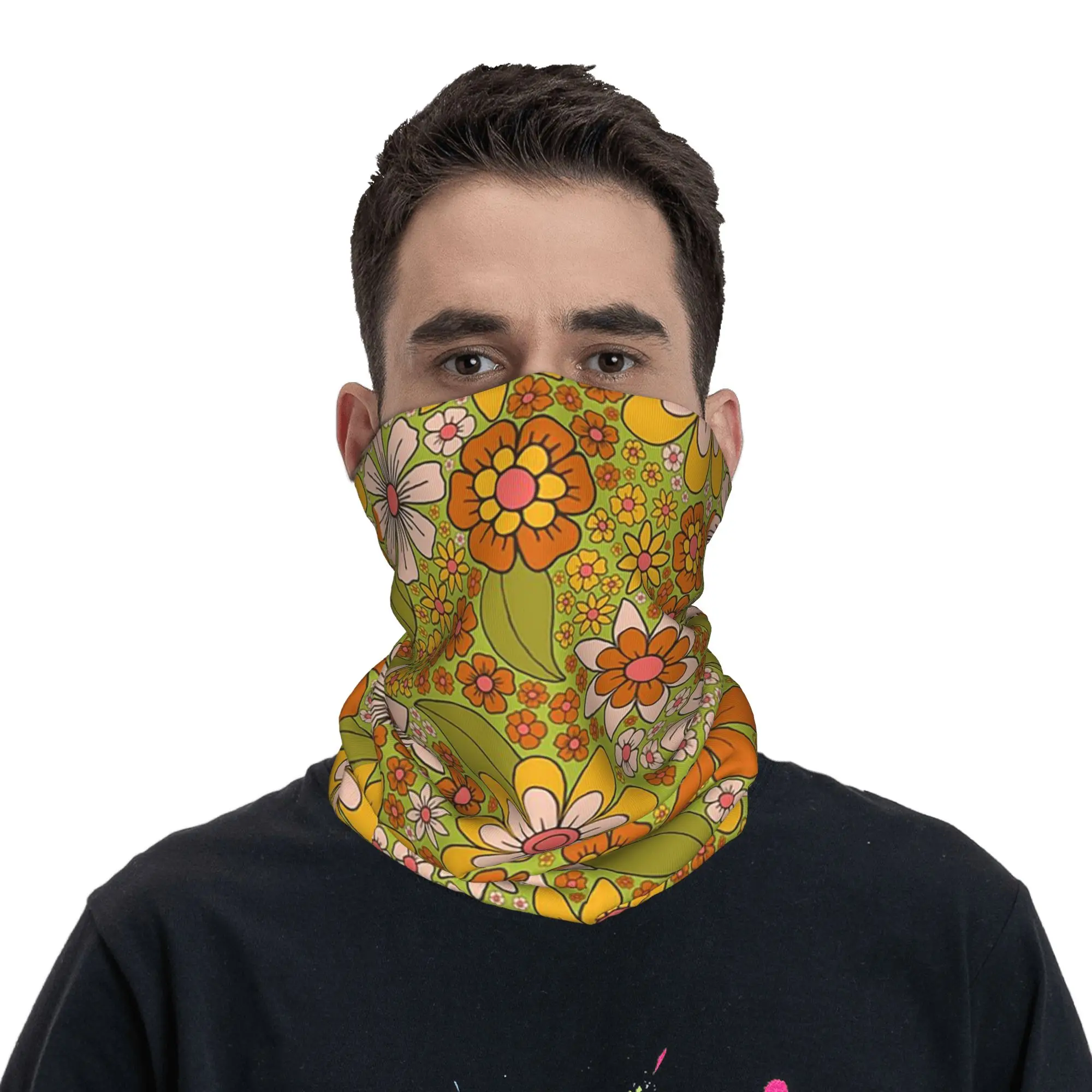 

Retro Floral in Green Pink and Orange Flower Power Bandana Neck Cover Printed Wrap Scarf Balaclava Hiking Fishing Unisex Adult