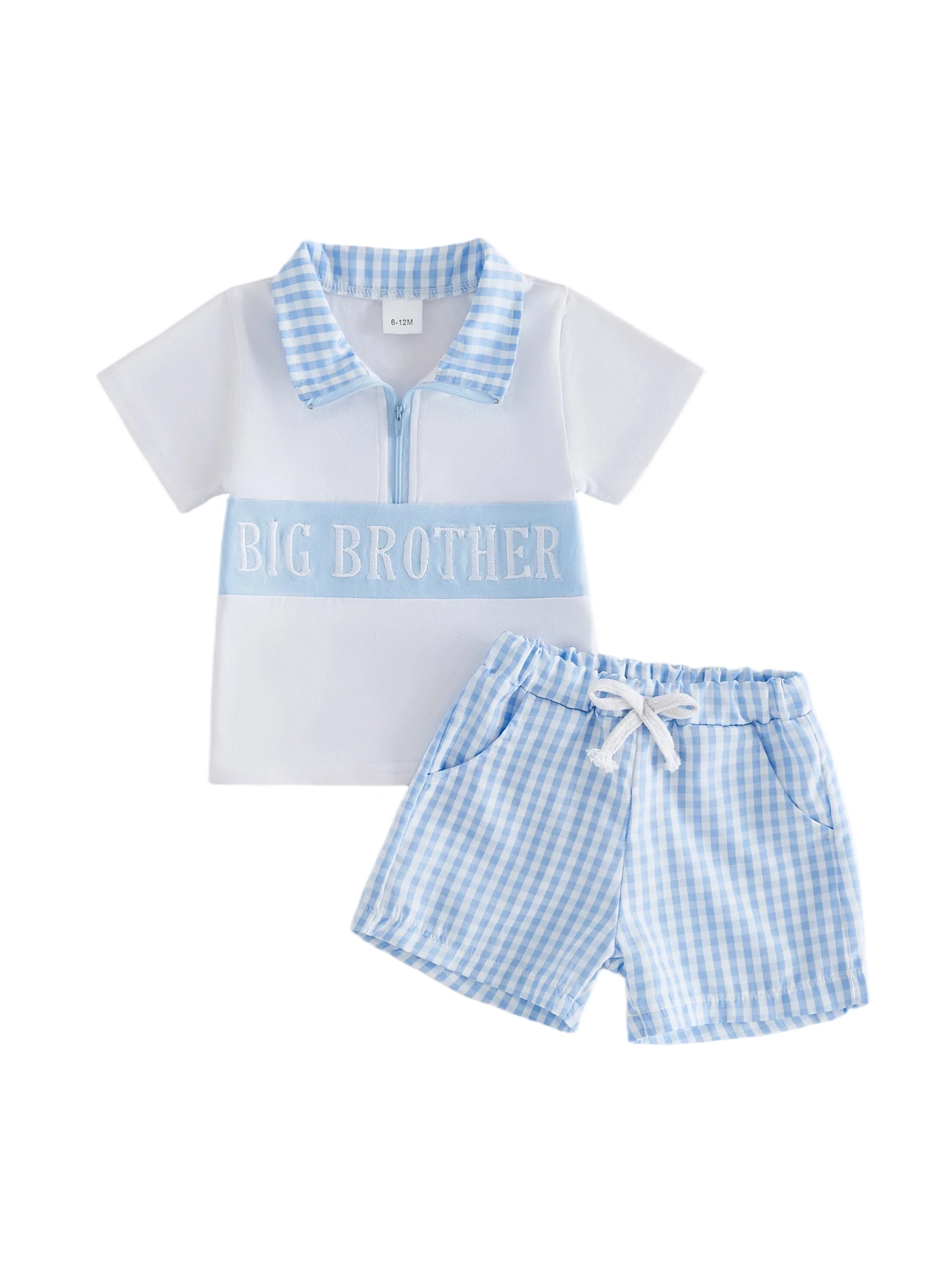 

Toddler Boys Casual Wear Short Sleeve Shirt and Plaid Shorts Set with Embroidered Letters and Zipper Detail