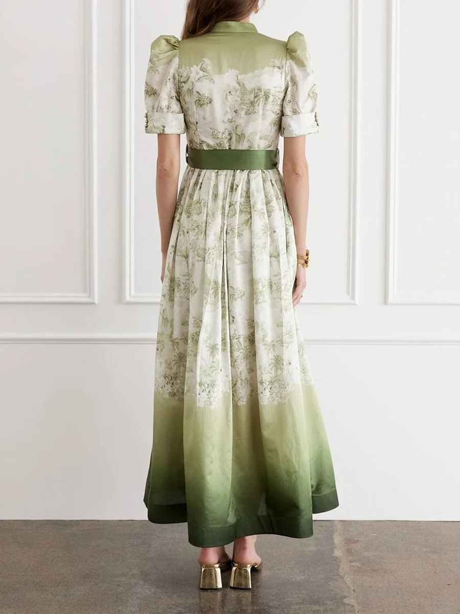 Vgh prairie chique impressão maxi vestido para mulheres gola manga curta pathwork cetim rendas até vestidos de festa elegantes feminino novo