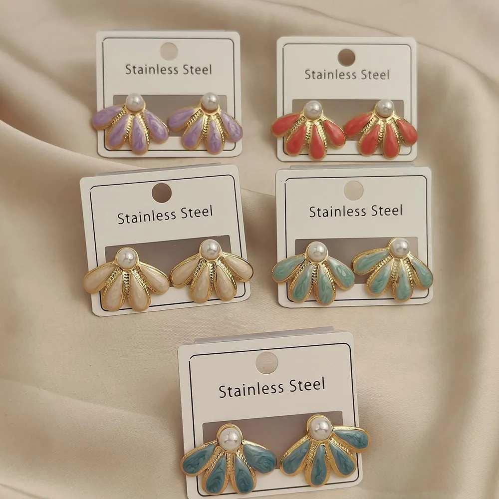 

Creative pearl leaves colorful enamel stainless steel earrings, waterproof and rusty-free women's earrings, party jewelry