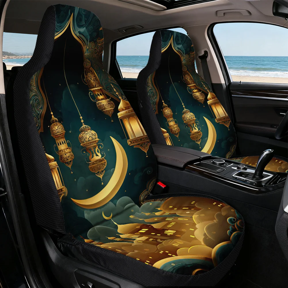 2D Flat Printing, 2pcs, Stylish Crescent Night Design Car Seat Covers, Foldable And Soft, Perfect Fit For Single Front Seats, I