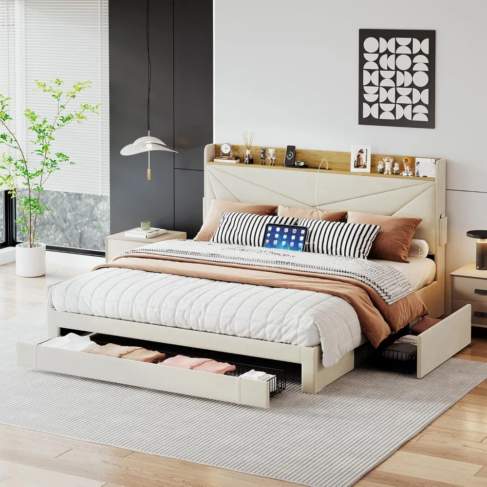 

Bed Frame Queen Size with 3 Drawers, Upholstered Queen Size Bed Frame with Storage Headboard, AC USB & Type C Charge Station
