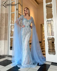 Dubai Blue Party Dresses Arabic Cape Sleeves Long Mermaid Evening Dress 2024 Plus Size Customize Beaded Prom Gowns Abendkleider