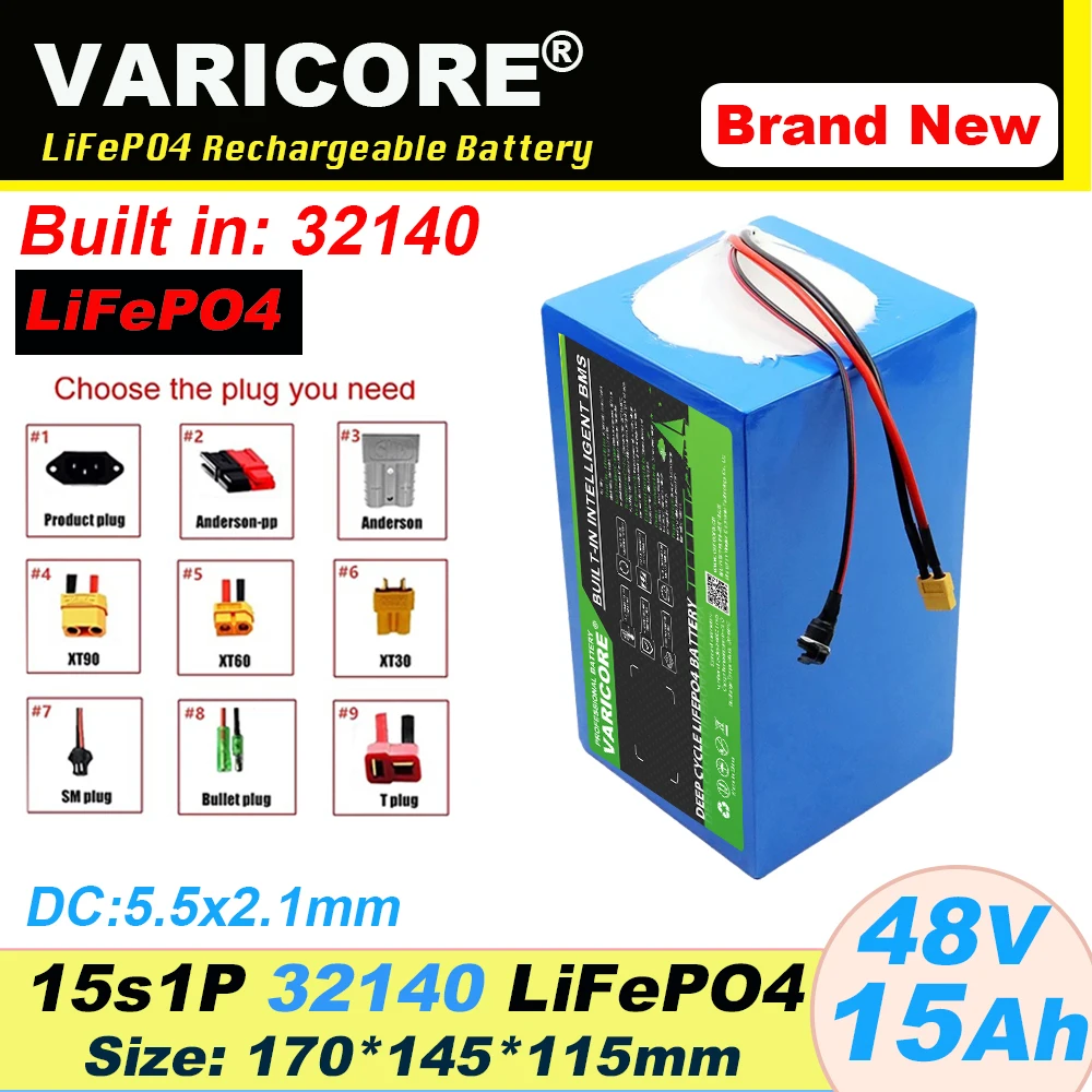 VariCore 48 V 15 Ah 32140 15S1P LiFePO4-Batterie 5C Hohe Leistung mit 2500 W BMS für 54,6 V E-Zwei-Räder Motorrad-Dreiradroller